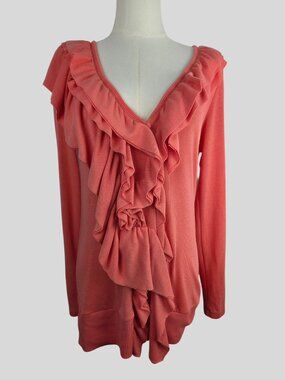 Boston Proper Vtg Coral Ruffled Cardigan Sweater Medium